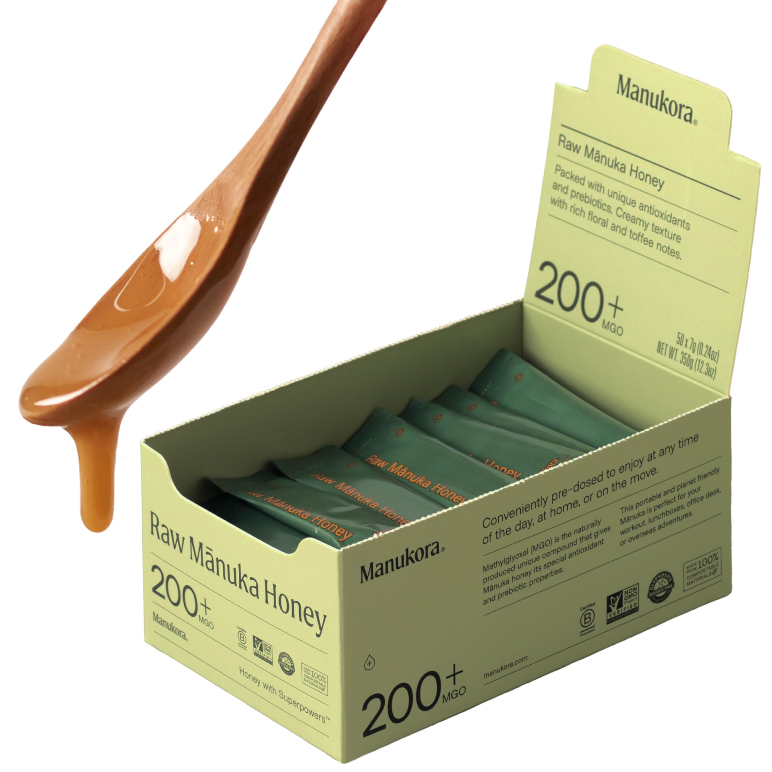 Manukora Raw Manuka Honey Sticks MGO 200+, New Zealand Honey, Superfood, 2000+ Natural Compounds, Non-GMO, 3rd-Party Tested, Glyphosate Residue Free, Traceable Hive-to-Hand, Immune and Energy Support, 7 Fl Oz, 50 Pack