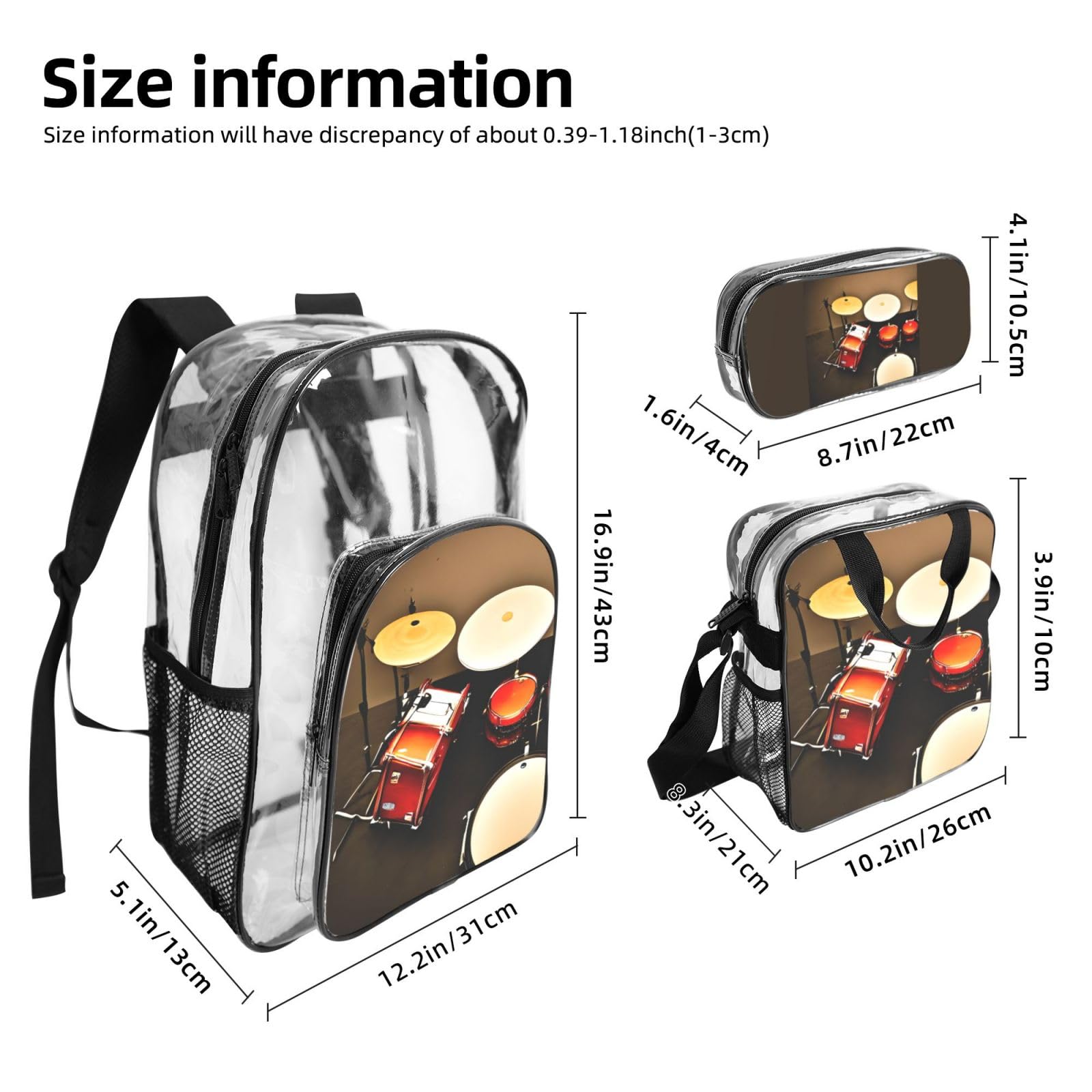 Schlagzeug-Set, Standarddruck, für Damen, Herren, Kinder, transparent, Rucksack, Schule, Reisen, 3-teiliges Lunchpaket