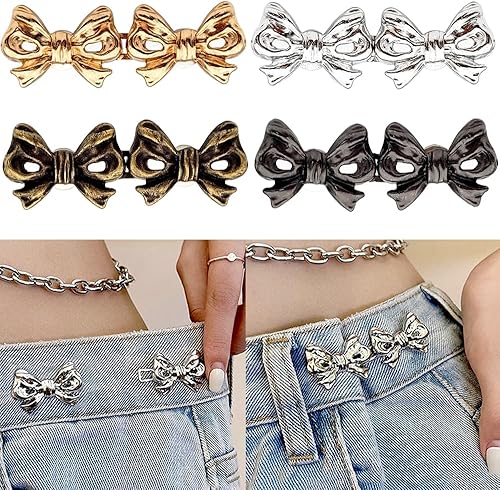 Juego de 4 bonitos botones de lazo de metal, botones de mezclilla ajustables desmontables para jeans sueltos, no requiere costura, reutilizable, con
