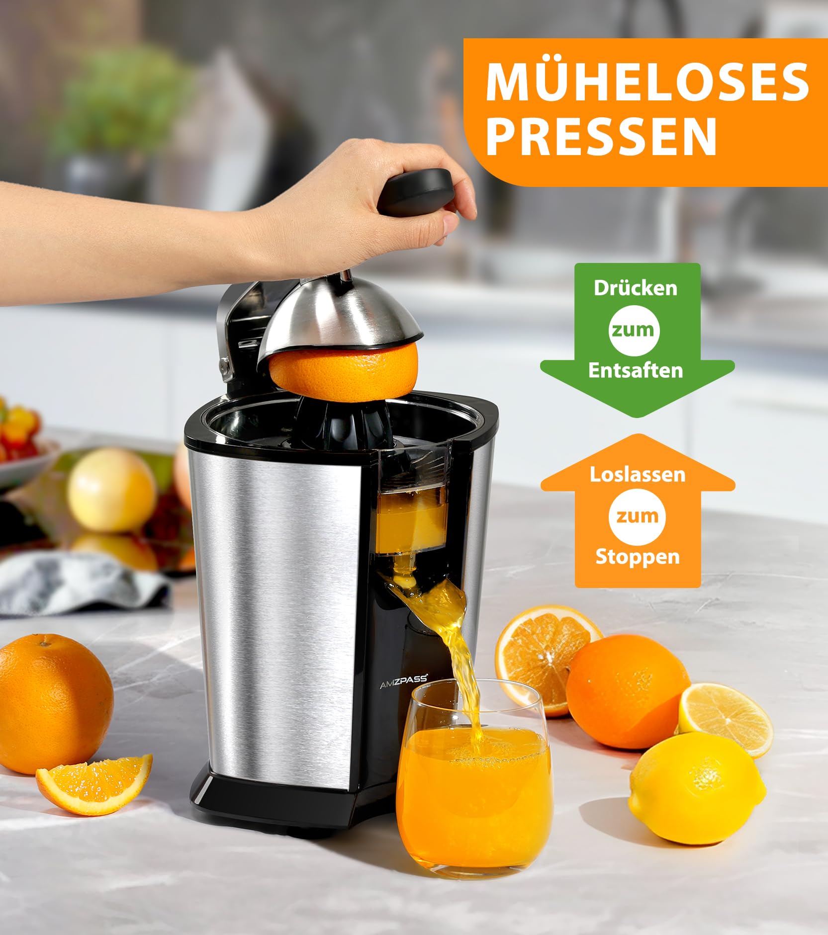 Elektrischer Zitruspresse, Zitrusentsafter mit 2 Aufsätzen und Soft-Griff für müheloses Entsaften, Geräuscharmer Edelstahl-Entsafter für Limette, Grapefruit & Zitrone, Schwarz