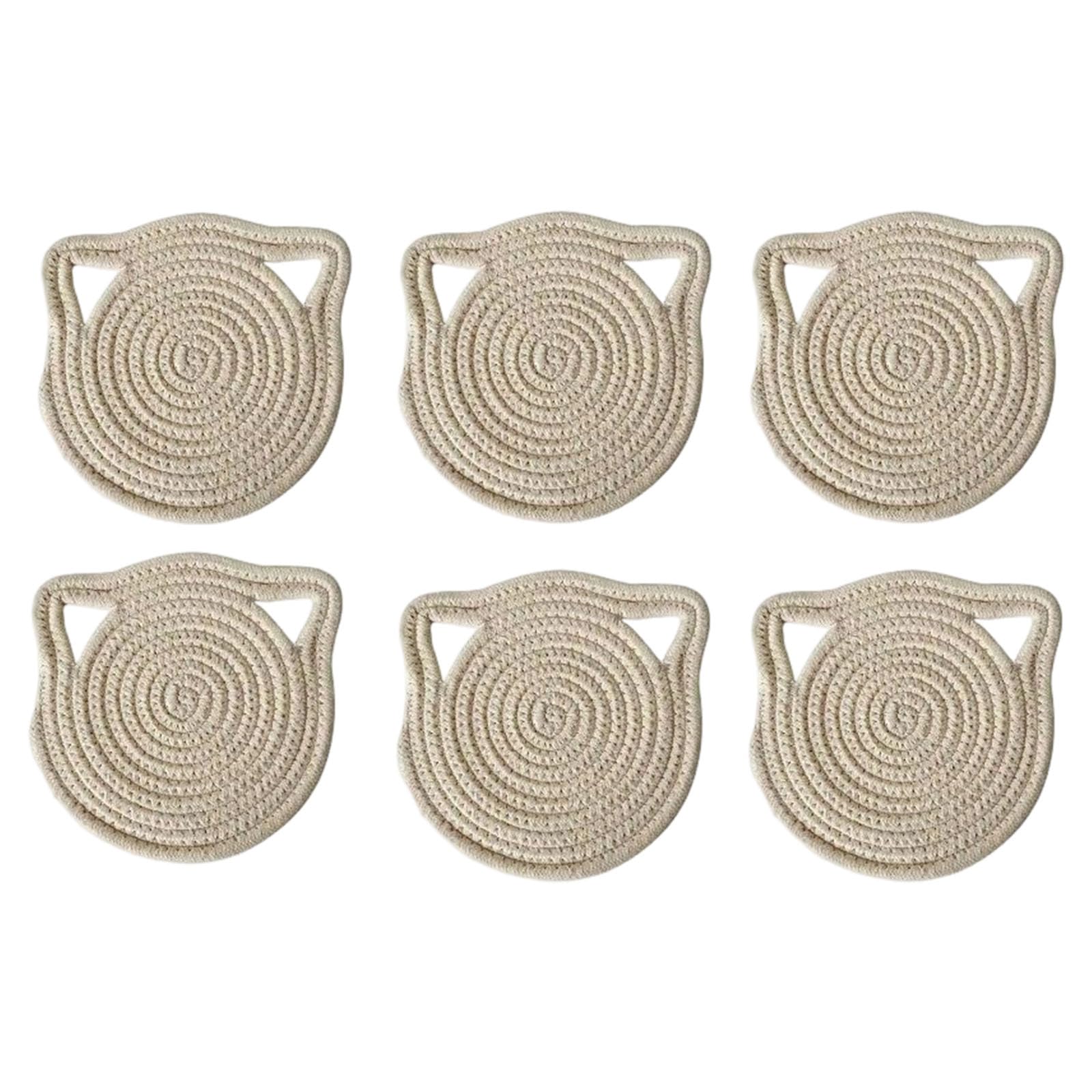 6Pcs Adorable Coasters Cats Ear Shape Table Mats Absorbent Braided Cotton Fabric Drink Coasters Protect Wooden Table Washable Cotton Placemat