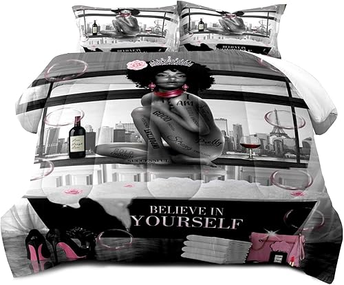 Miniatura 2 de LUVIVIHOME Juego de edredón de 3 piezas para niñas negras afroamericanas, juego de edredón tamaño King, bolsa de tacones altos, citas inspiradoras