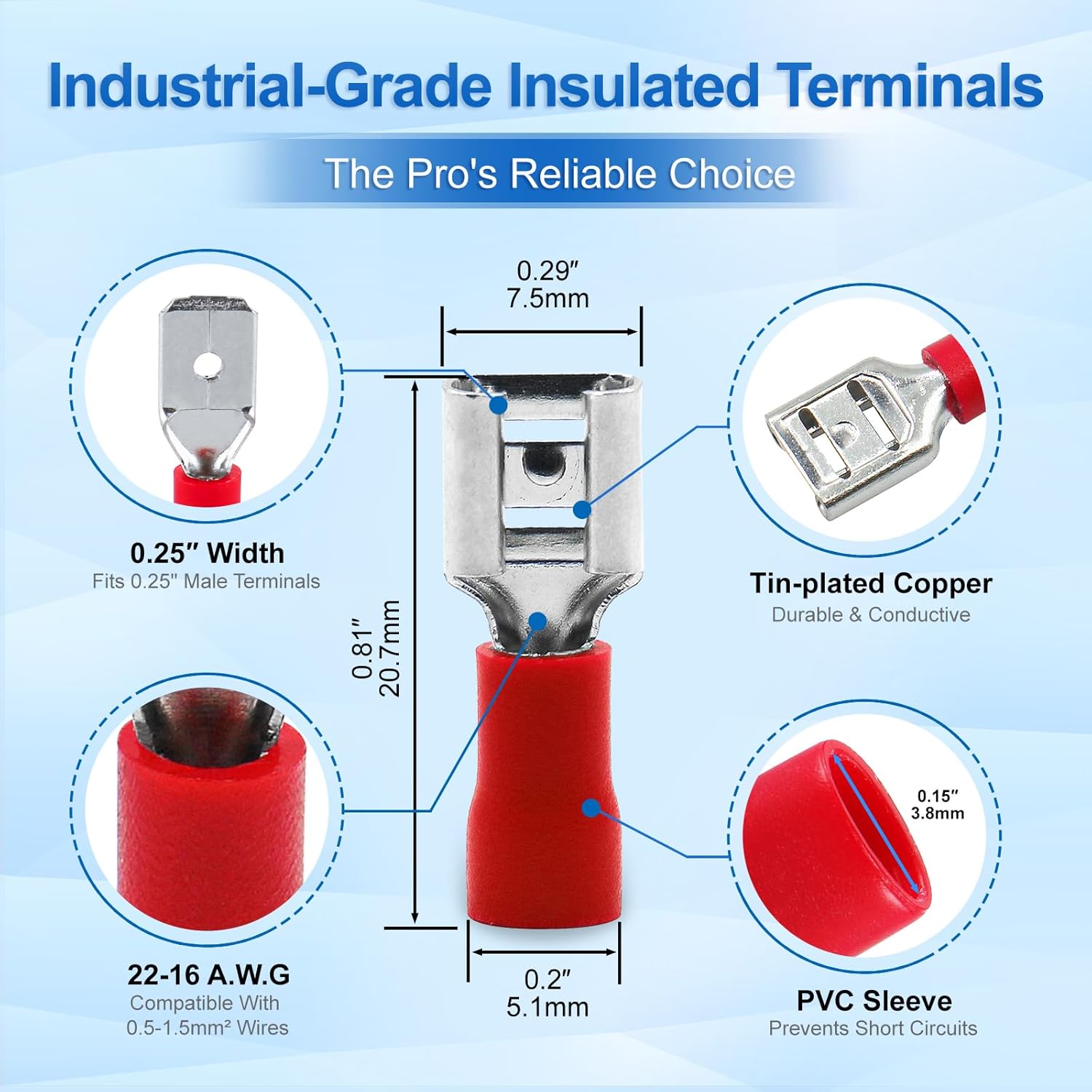 Baomain 1/4" Female Quick Disconnect Spade Terminals,Insulated Crimp Connectors 22-16 AWG 6.3mm (0.25 inch),Red, (1000-Pack)