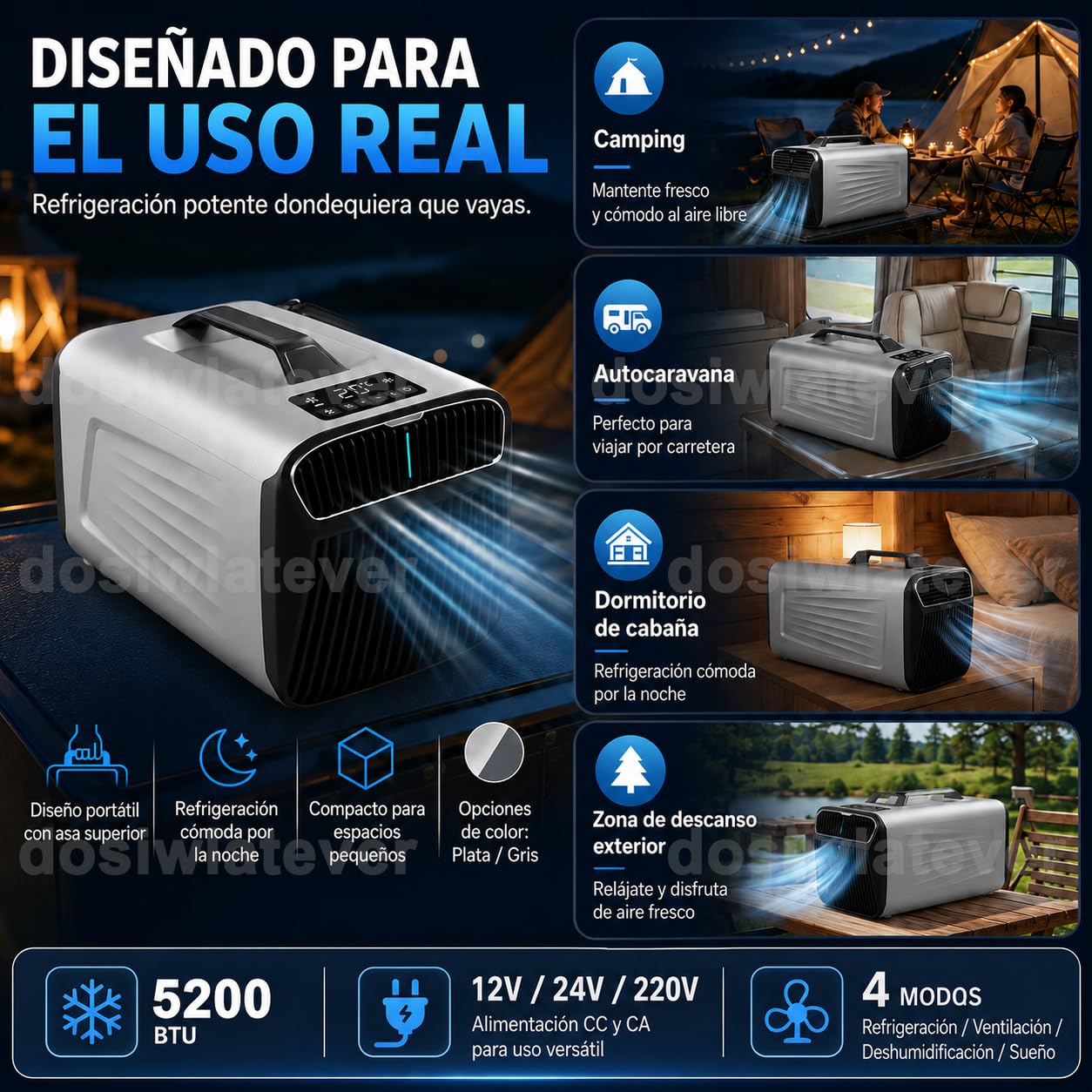 Aire Acondicionado Camping Portátil 5200 BTU, 12V/24V/220V, Enfriamiento Rápido, 3 Velocidades, Temporizador 24h, Aire Acondicionado Caravana para Tienda, Coche, Camión, Camper y Casa Silver-12V