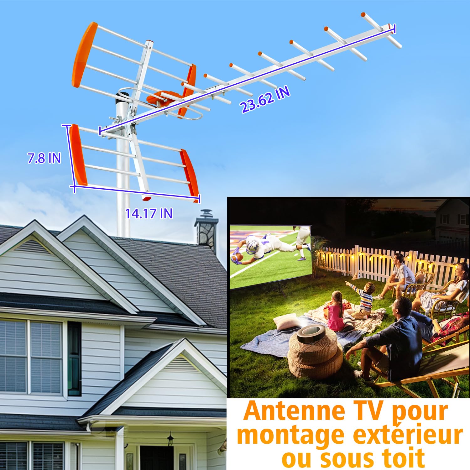 Antenna TV esterna Yagi a lungo raggio - Ricezione TNT HD/UHD 4K - Antenna Rastrello potente per zona bianca - compatibile DVB-T/T2 - Filtro 4G/5G - Cavo coassiale 8M incluso (K09E-FR-260402-Orange)