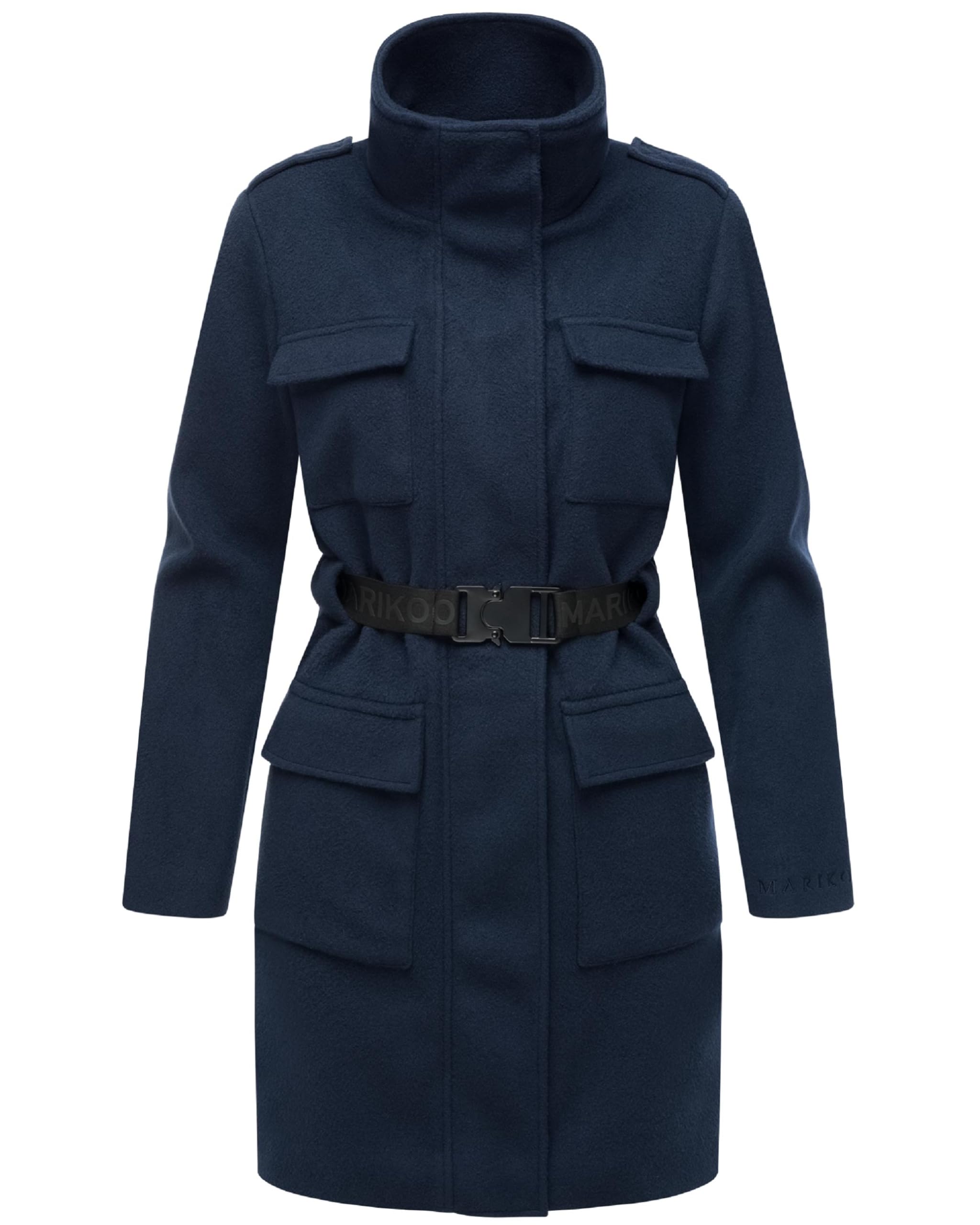 MARIKOO Damen lange Übergangsjacke Kurzmantel in Woll-Optik mit Taillengürtel Tanokoo 16 XS-XXL
