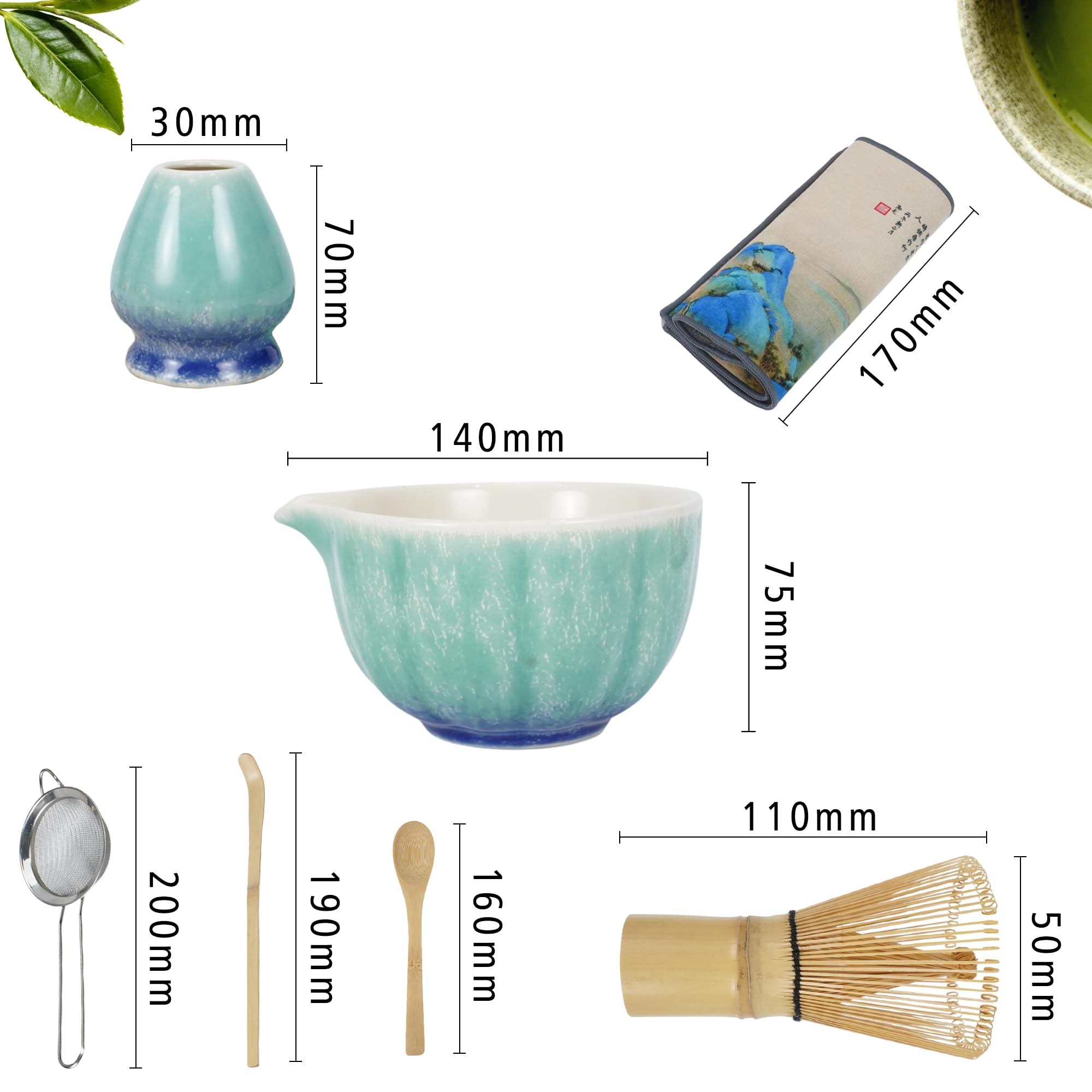 Matcha Set – Matcha Tee Zubehör – Matcha Schale – Matcha Besen – Matcha Schüssel mit Ausgießer Bambus Whisk – Japanisches Tee Set – 8-teiliges Matcha Tee Set für Liebhaber, Ozeanblau