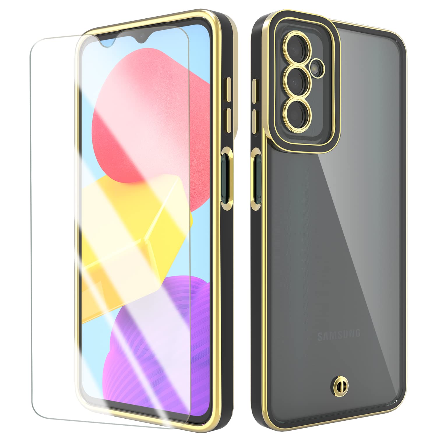 HTDELECCase for Samsung Galaxy M13 4G + Screen Protector, Transparent Thin Mobile Phone Case Galaxy M13 4G Black