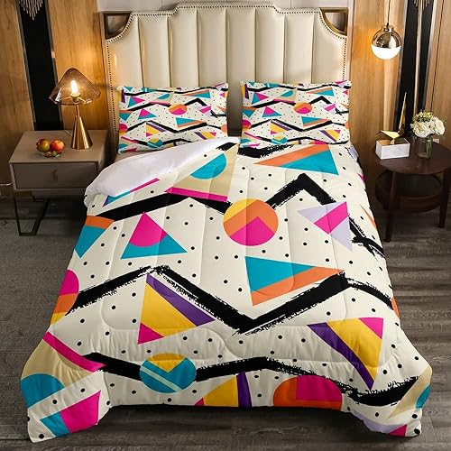 Juego de edredón de estilo retro de los años 80, juego de ropa de cama con patrón geométrico abstracto, diseño moderno urbano con círculos y
