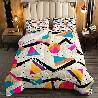 80s 90S Fashion Style Comforter Set Queen Size,Retro Memphis Style Pattern with Geometrical Shapes Bedding Set for Kids Child,Funky Hipster Old Fashioned Duvet Insert Geometric Bedroom Decor