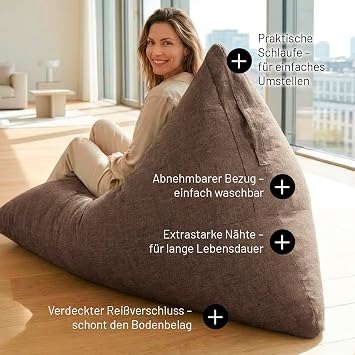 Lumaland Gaming Bean Bag & Floor Cushion XXL Beanbag in Triangle Shape 150 x 100 x 100 cm and 370 L Volume Washable & Robust Cover Ideal as an Armchair and Sofa Lightweight Seat Cushion [Brown]