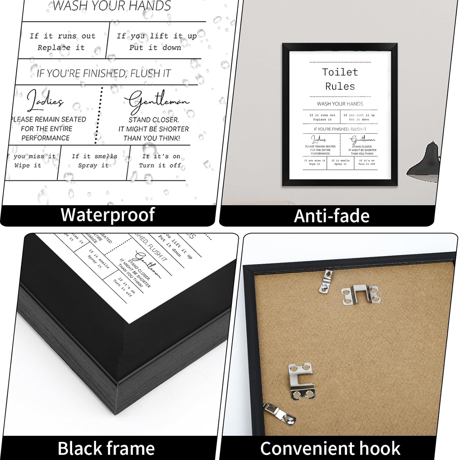 TUXVAKY Black and White Wall Art Funny Bathroom Pictures Wall Decor Wash Your Hands Toilet Rules Sign Bathroom Decor