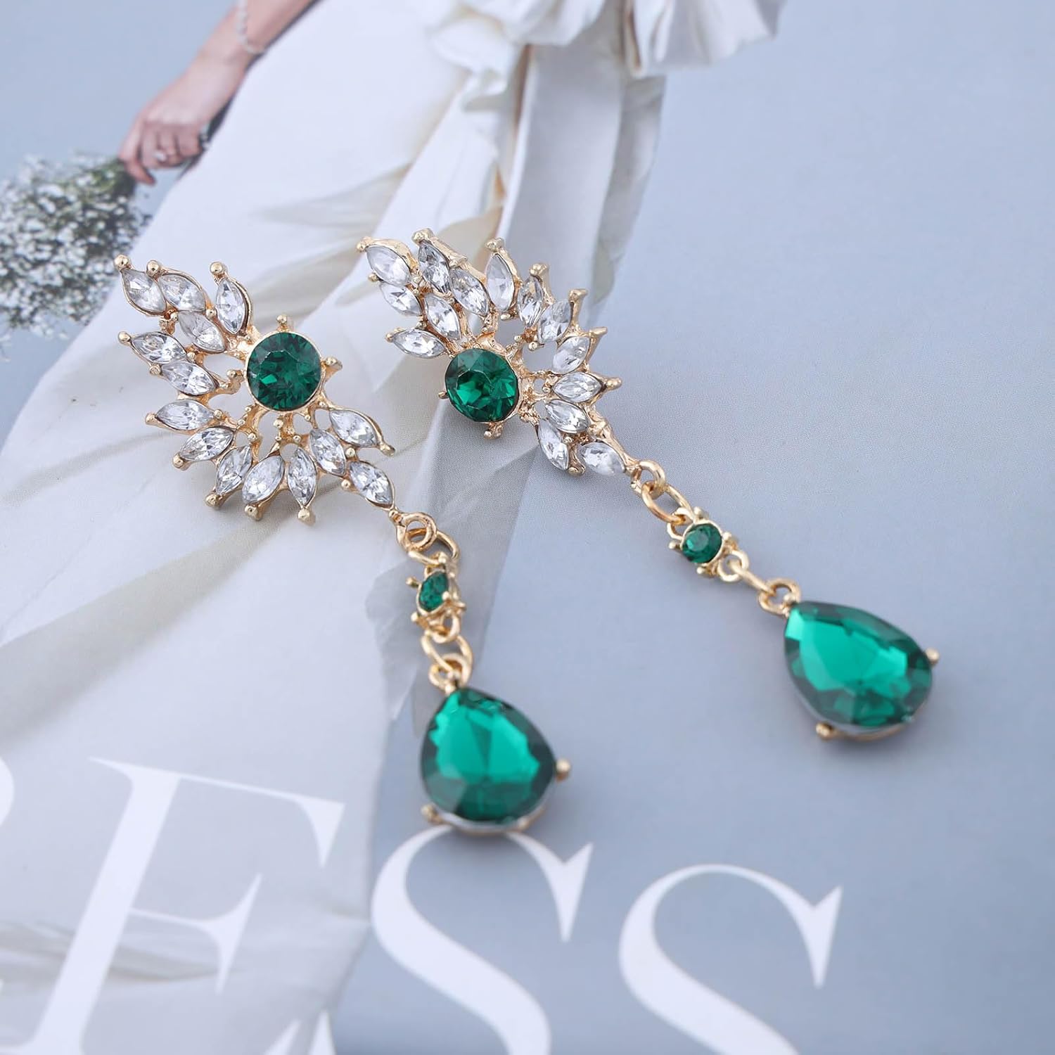 Teardrop Crystal Dangle Earring Rhinestone Chandelier Teardrop Earings Emerald Ruby Cluster Statement Earrings Diamond Wings Earrings Wedding Bridal Jewelry for Women - Image 5