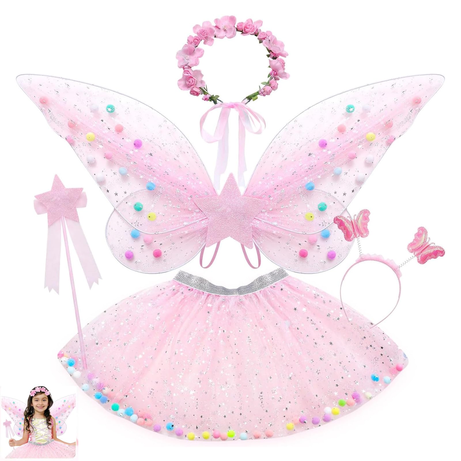 Fairy Dressing up Costume for Girls, SYOSI 5pcs Girls Fairy Wings Costume Kids Toddler Butterfly Wings with Wand Tutu Skirt Crown Headband Halloween Dress Up Gift