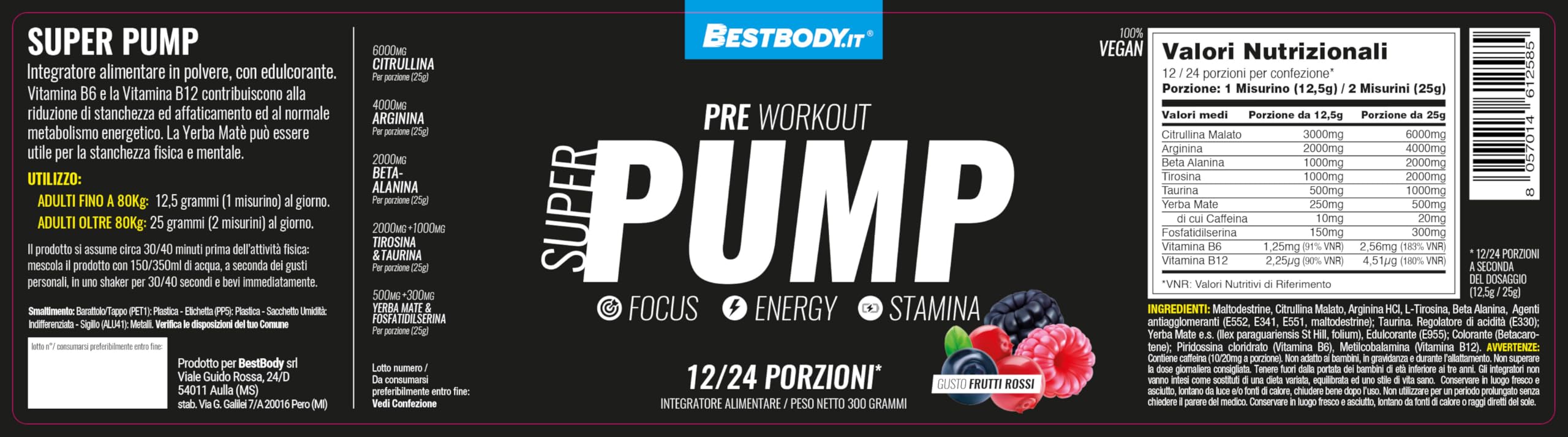 BestBody - Super Pump - Pre Workout con Citrullina, Arginina, Beta Alanina, Torosina, Taurina, Yerba Mate, Gusto Frutti Rossi, 300 grammi