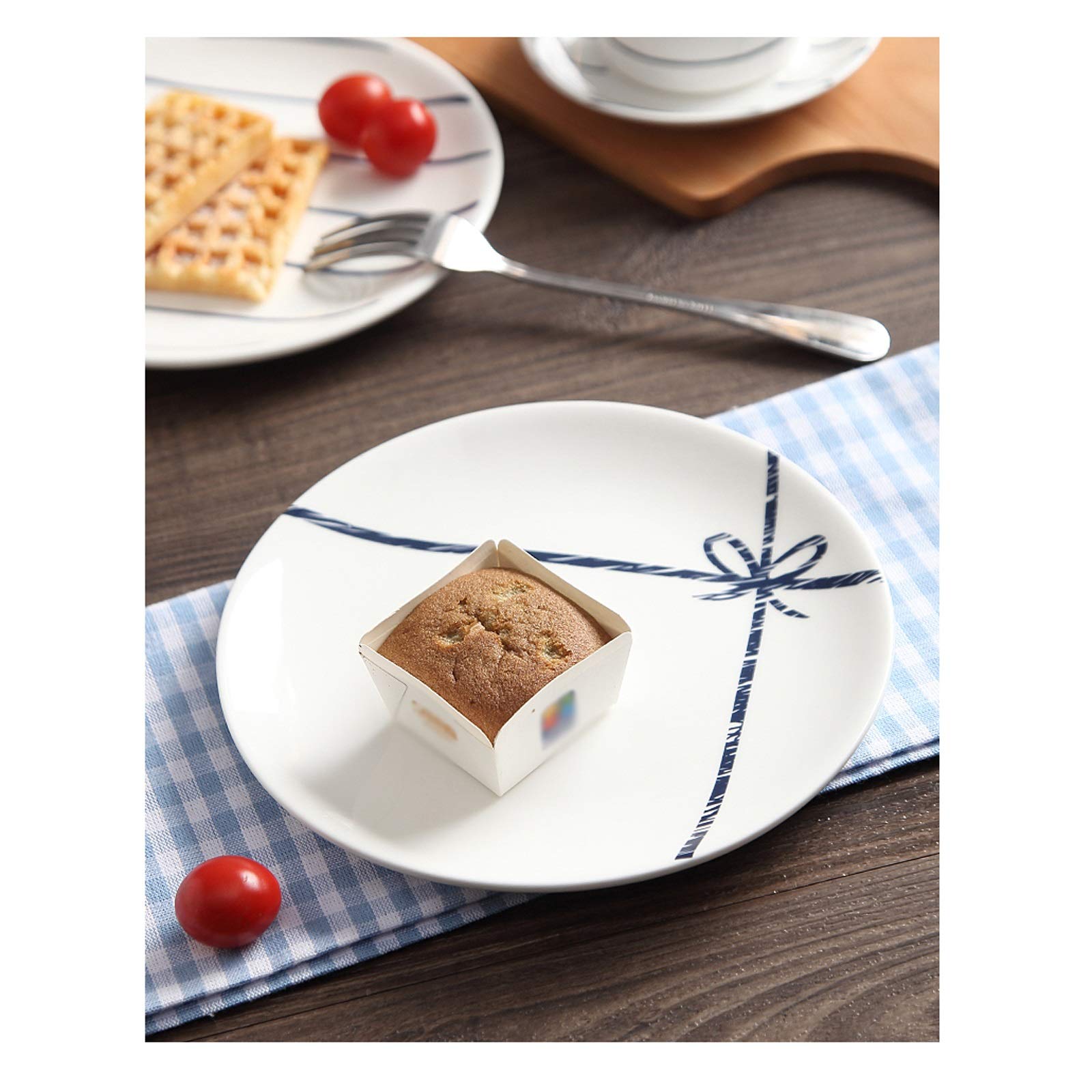 Piatti da Porzione per Brunch Piatto da bistecca bianca con striscia blu, piatto in ceramica da 8 pollici adatto for pasta, dessert, insalata, piastra di cena a microonde a microonde, 4 pezzi Per Anti