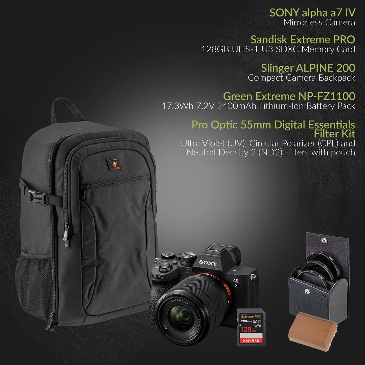 Sony Alpha a7 IV 33MP 4K Ultra HD Mirrorless Camera with FE 28-70mm f/3.5-5.6 OSS II Lens, Black - Bundle with 128GB Memory Card, Backpack, Extra Battery, and Filter Kit