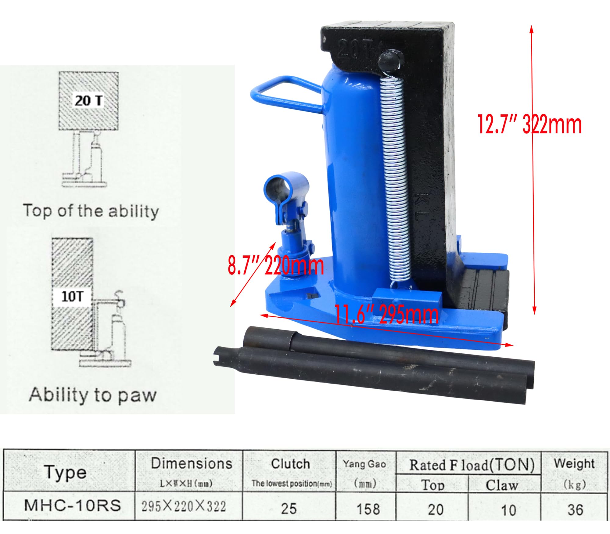 IntXanth Hydraulic Toe Jack, 10 Ton Toe / 20 Ton Top Lift Capacity, Adjustable Height (0.98-7.2 in Toe / 12.7-18.9 in Top), Durable Steel Construction for Automotive & Industrial Use