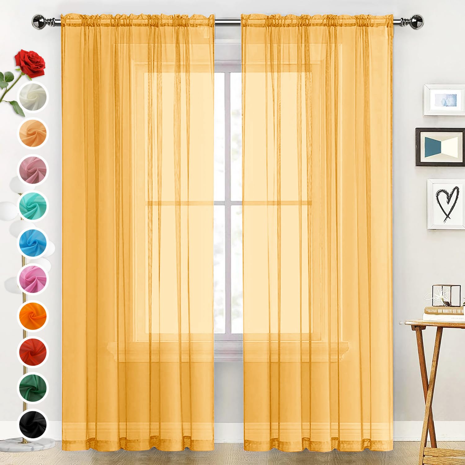 SpaceDresser Basic Rod Pocket Sheer Voile Window Curtain Panels Sand 1 Pair 2 Panels 52 Width 63 Inch Long for Kitchen Bedroom Children Living Room Yard（Sand, 52W x 63L）