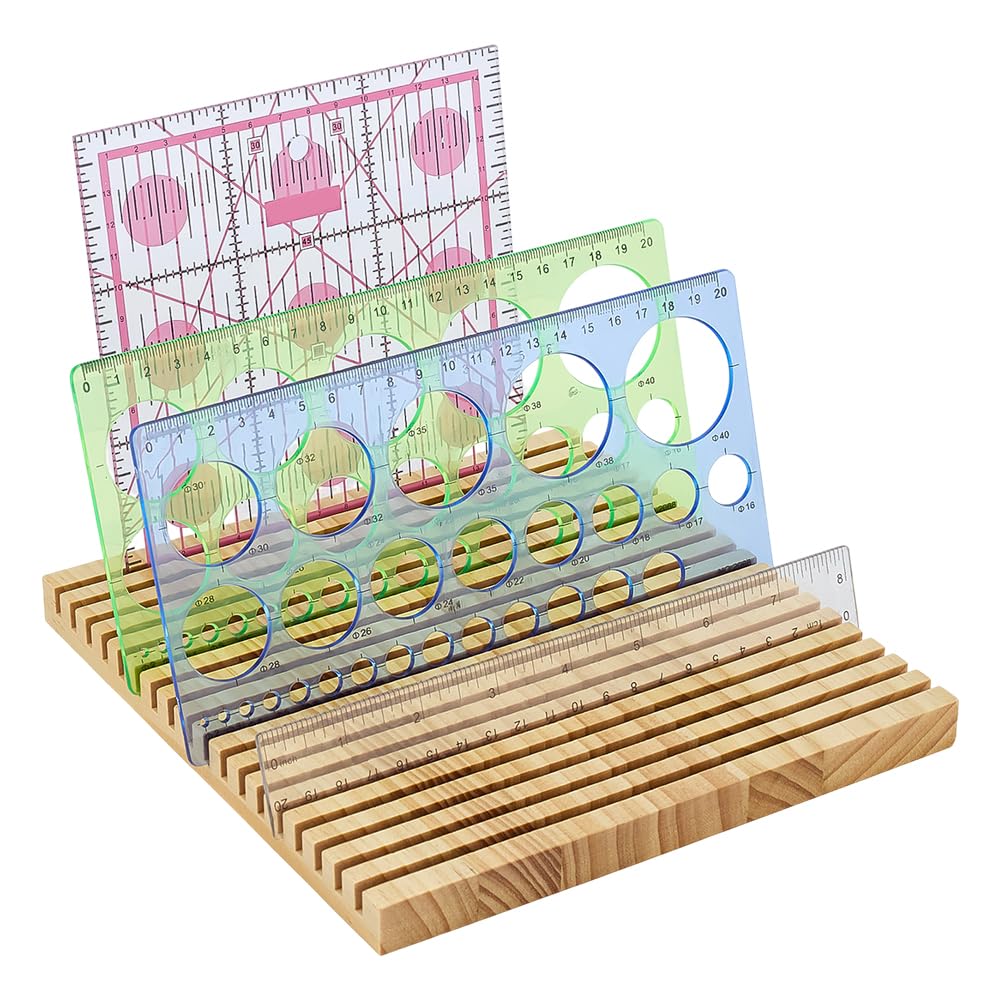 PH PandaHall 18-slot Wooden Quilting Ruler Holder, 20x21cm Sewing Ruler Rack Slotted Template Organizer for Quilting Rulers Craft Room Workshop Home Sewing Accessories and Supplies, Natural Wood Color
