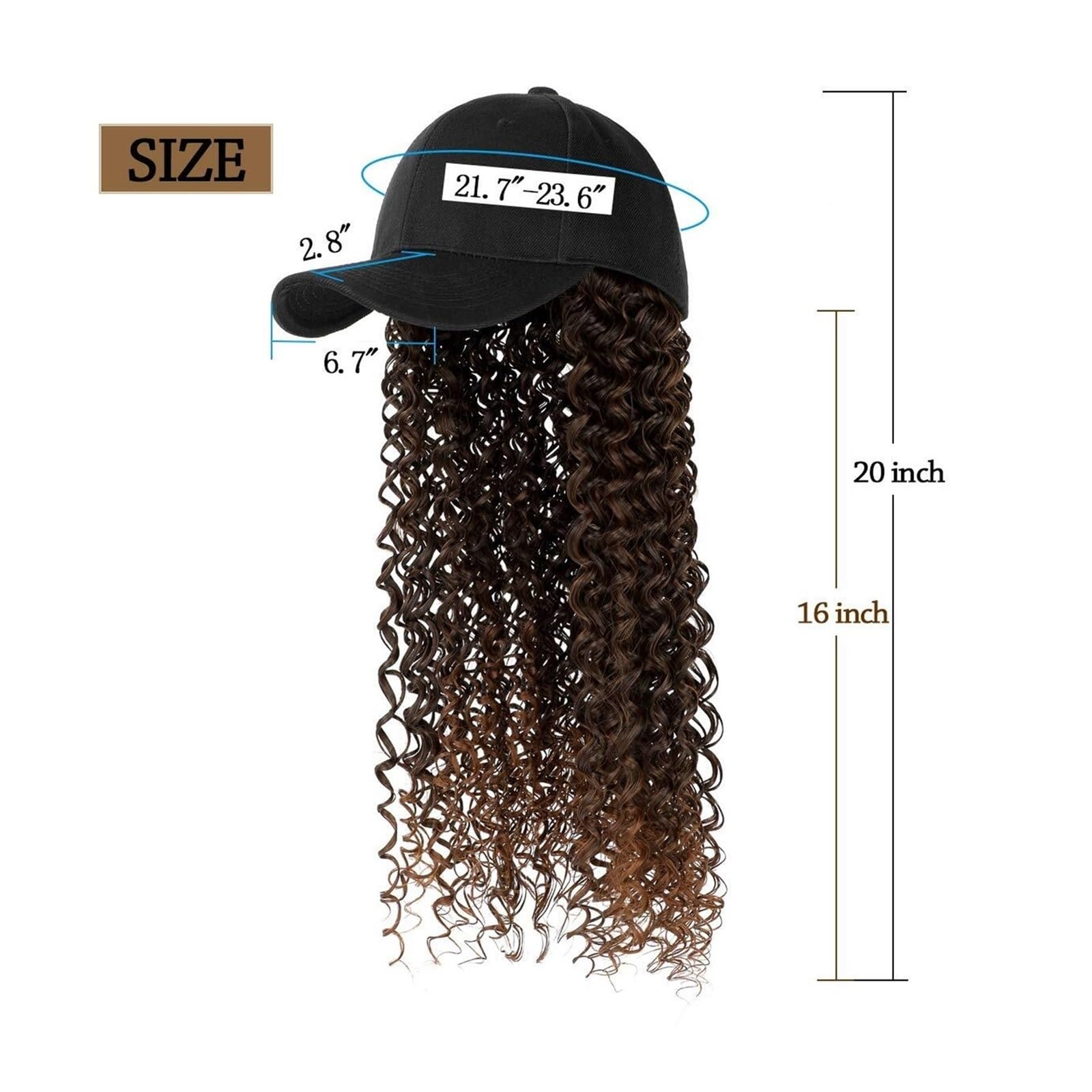 JUNXIAN Wig Cap Baseball Cap Wig Synthetic Long Curly Wigs Hat Wig Natural Black/Brown Cap with Hair for Women Wig Hat(F991)