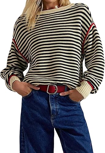 Women's 2026 Fall Winter Oversized Knit Pullover Striped Warm Casual Knitted Swe