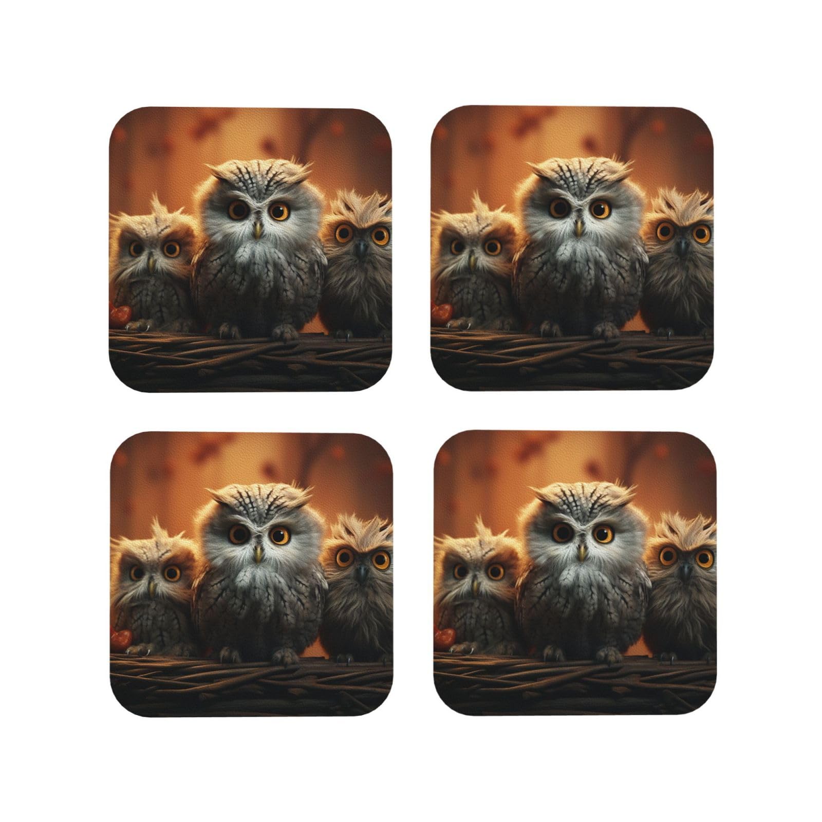 4Pcs PU Leather Coaster for Drinks, Cute Owl Baby Cup Coastersr 4" Cup Mat Pad, Aesthetic Drink Coasters for Coffee Table, Square Coaster for Tabletop Protection