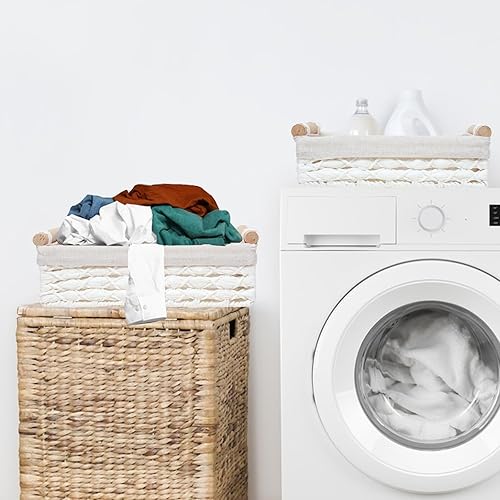 Miniatura 3 de Cesta de almacenamiento de mimbre para organizar con asa, cubos de almacenamiento decorativos para encimera, cesta de almacenamiento de papel