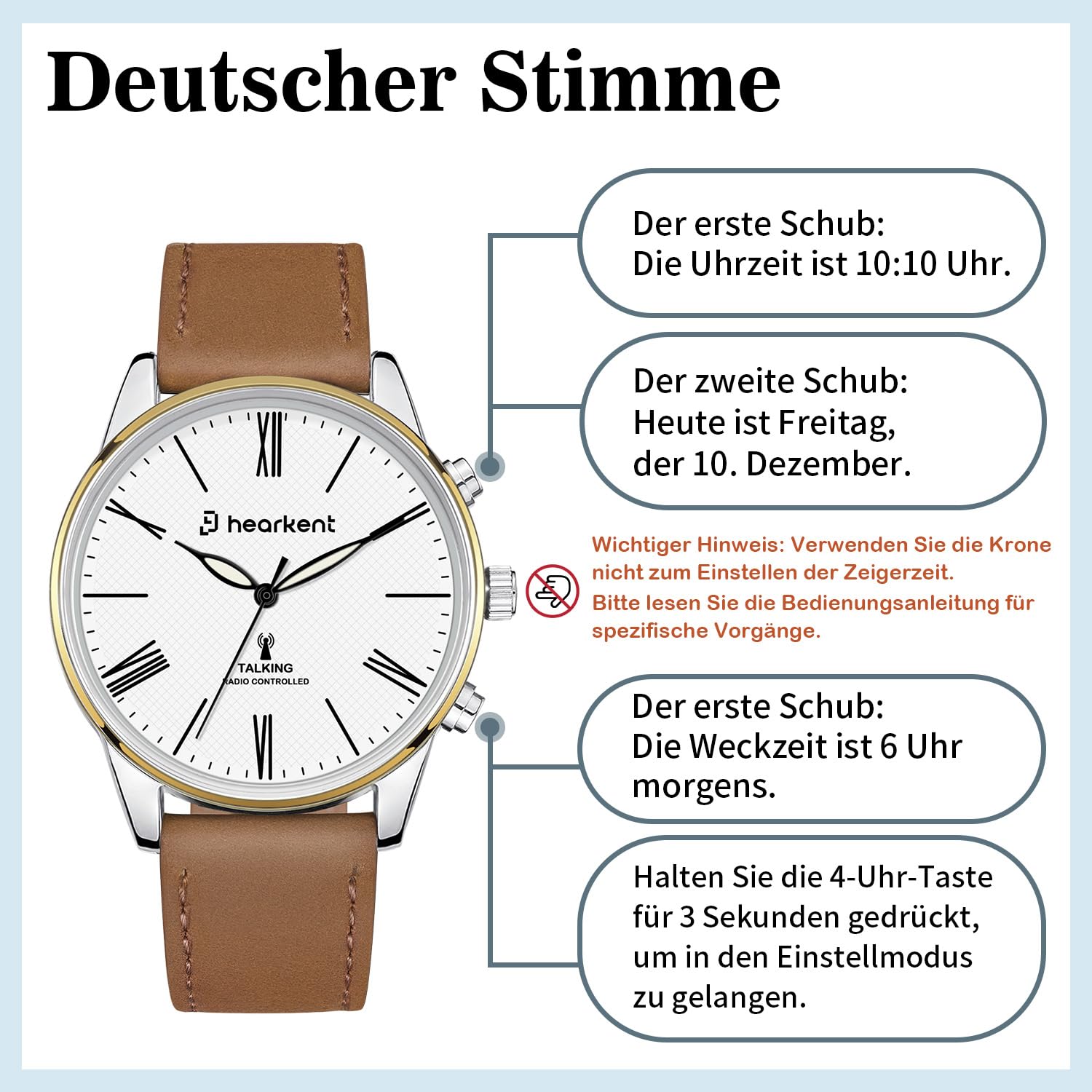 Reloj parlante para hombre, reloj de pulsera para personas mayores con voz alemana, relojes de esfera grande para discapacitados visuales, reloj parlante ciego, alto y claro, reloj analógico clásico
