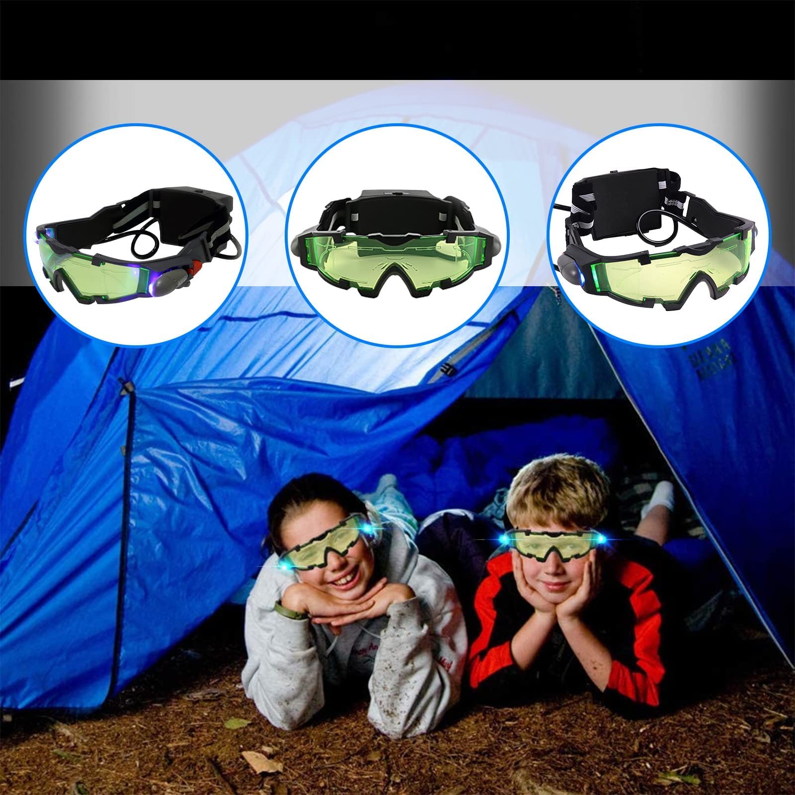 Wovatech Lunettes de Vision Nocturne | Lunettes de Protection à lentille Verte Nocturne à Del pour Enfants réglables avec lumières rabattables