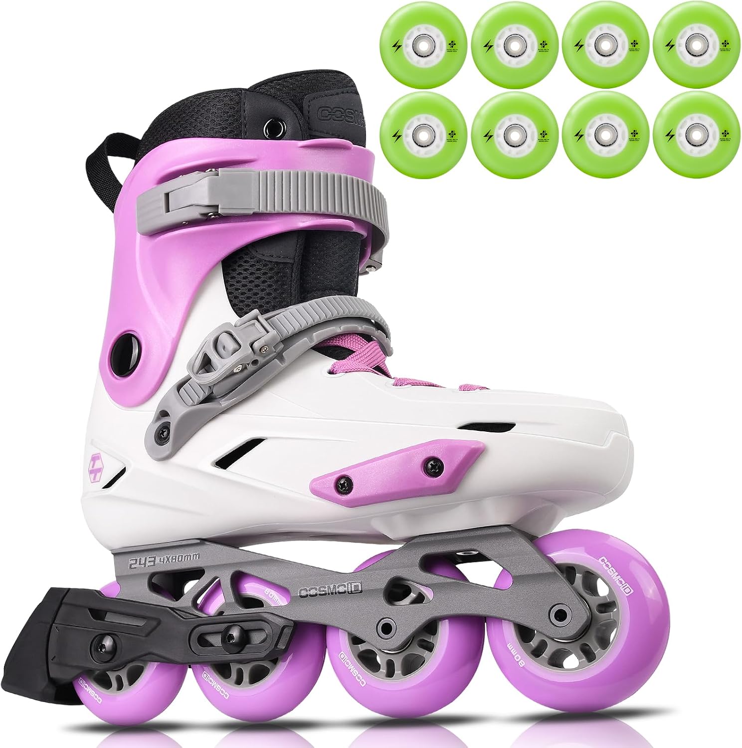 Unisex Inline Skates for Adults by COSMOID – Size 5-14.5 Fitness Roller Blades + Green Luminescent Wheels 80mm (8-Pack) for Dynamic Night Skating