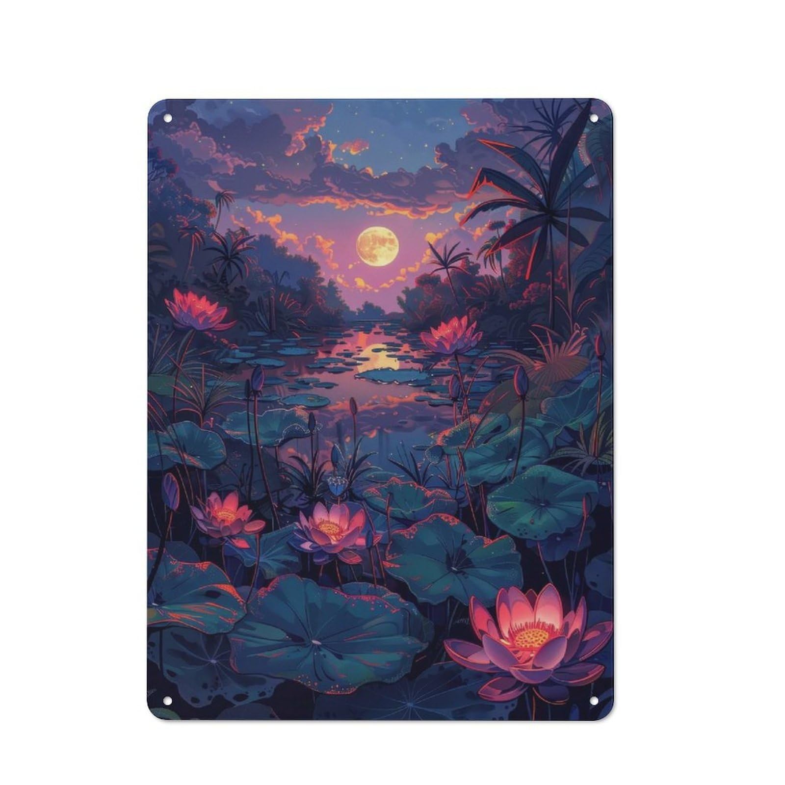 Junmoney Moonlit Lotus Pond Metal Wall Sign 40X30cm Featuring For Garage Wall, A Housewarming Gift For People Furnishing A Garage