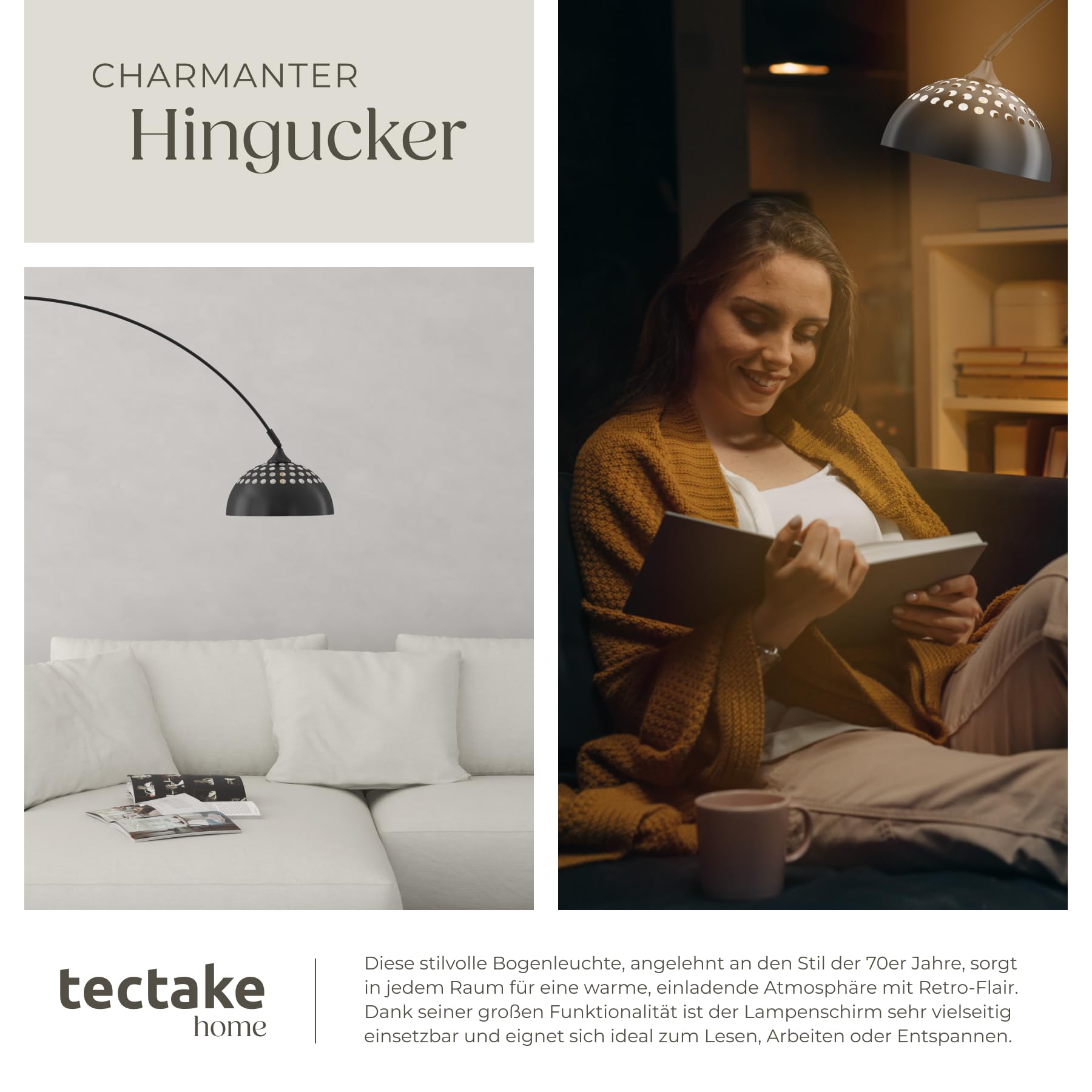 tectake® Bogenleuchte, Bogenlampe, Stehlampe Wohnzimmer, Esszimmerlampe modern, Schirmlampe hängend, Retro Vintage Optik, Lampe Esszimmer, Standleuchte, Standlampe - schwarz