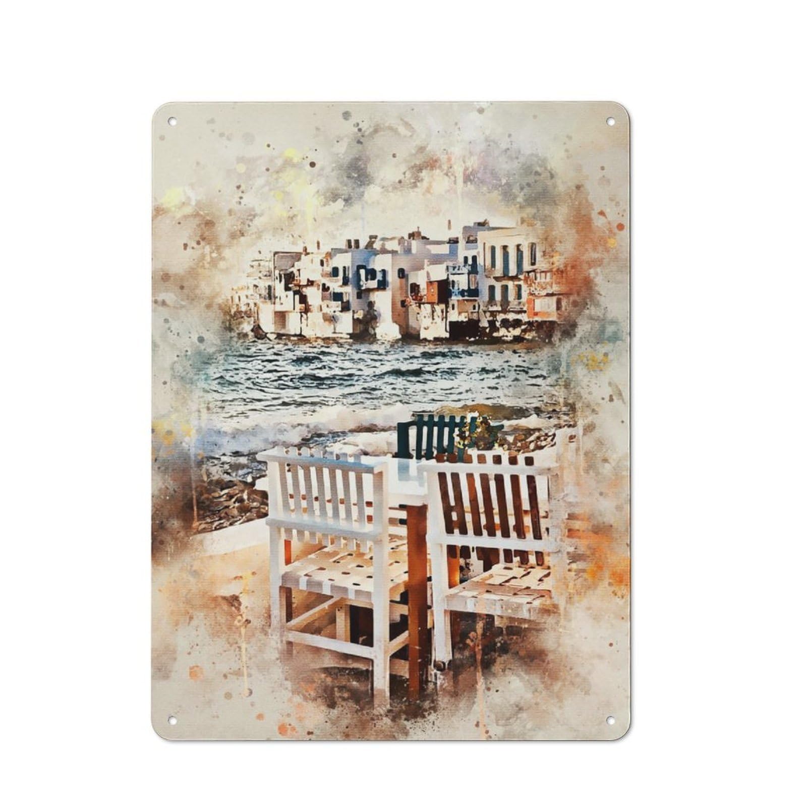 Junmoney Mykonos In Watercolor Industrial-Style Tin Sign 40X30cm For Pub Or Café, Suited To Pub Decor Enthusiasts
