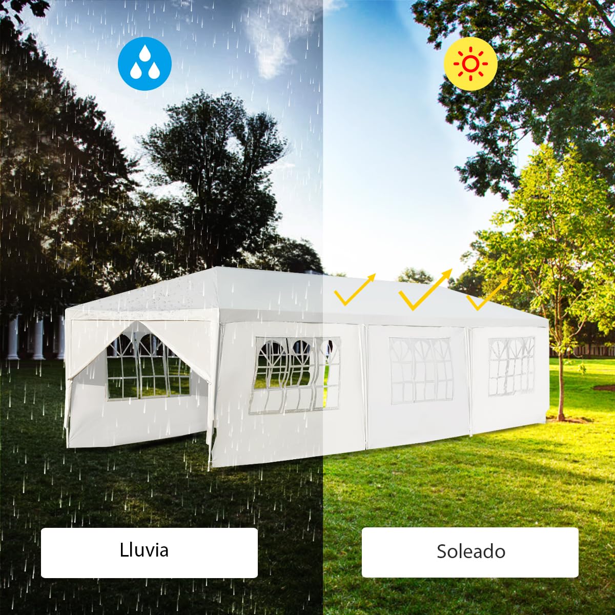 GOPLUS Carpa de jardín de 3x9 m, Cenador Plegable Impearable con Estructura metálica, Lona de PE, 6 Paneles Laterales Desmontables y 2 Entradas, Pabellón Exterior para Bodas, Fiestas (Blanca, 9x3m) | Tienda de Jardín para Cerveza con 2 Puertas con Cremall