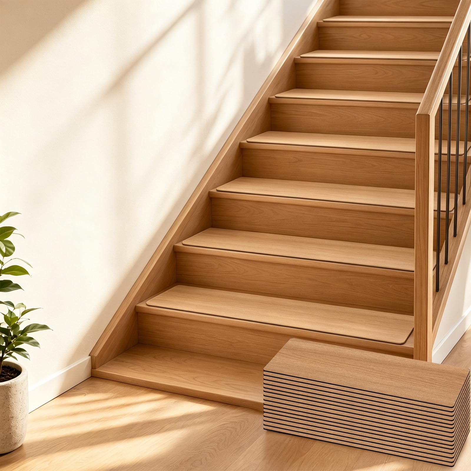 15 Stück Treppenstufen Matten, 76x20cm Stufenmatten Anti-Rutsch Treppenmatten, Selbstklebend Treppenteppich Rechteckig, Rutschschutz Stufenteppich Treppenvorleger für Haustiere Kinder