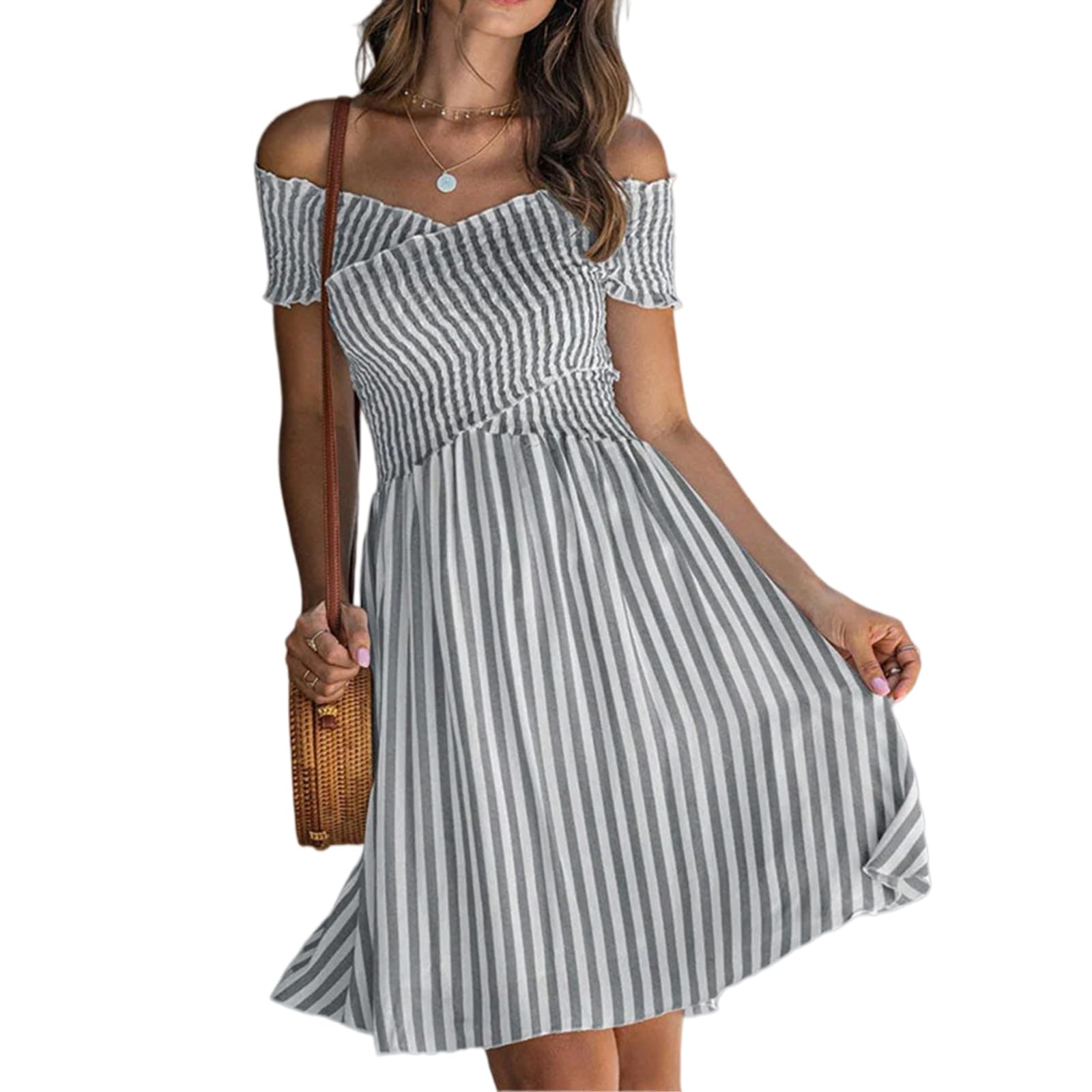 Abito Donna Nuova Estate Manica Corta Chic Mini Primavera A Righe Stampa Linea Vestito da Festa Sexy Criss-Cross Fuori Spalla Boho Abito-05 Gray-l