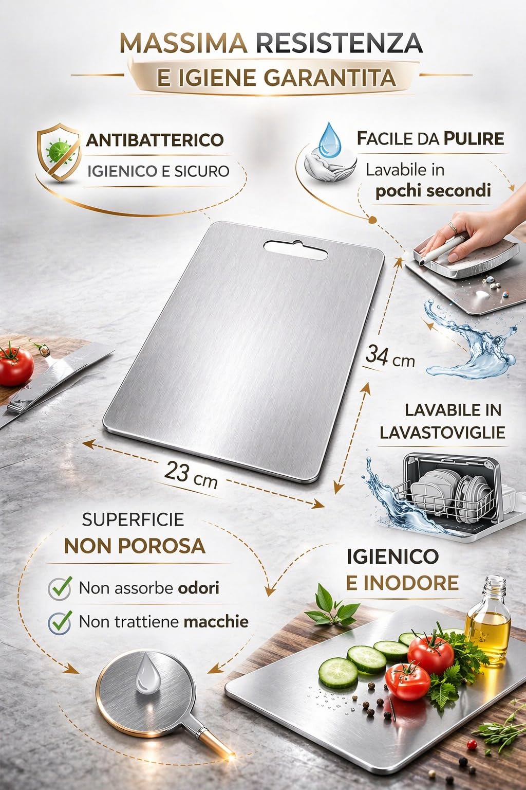 Tagliere in Acciaio Inox Alimentare 304 Per Cucina, Tagliere acciaio inox Certificato Igienico e Antibatterico, Superficie Alimentare Facile da Pulire, Resistente e Antiodore, 23X34