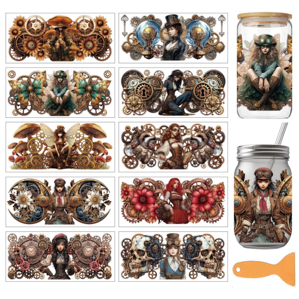 arricraft 10 Pcs Retro Gears Theme PVC Cup Transfer Stickers, Steampunk Gear with Fairy Pattern UV Waterproof Cup Sticker for 16 oz Glasses Window Home Printing Decoration 24x11cm