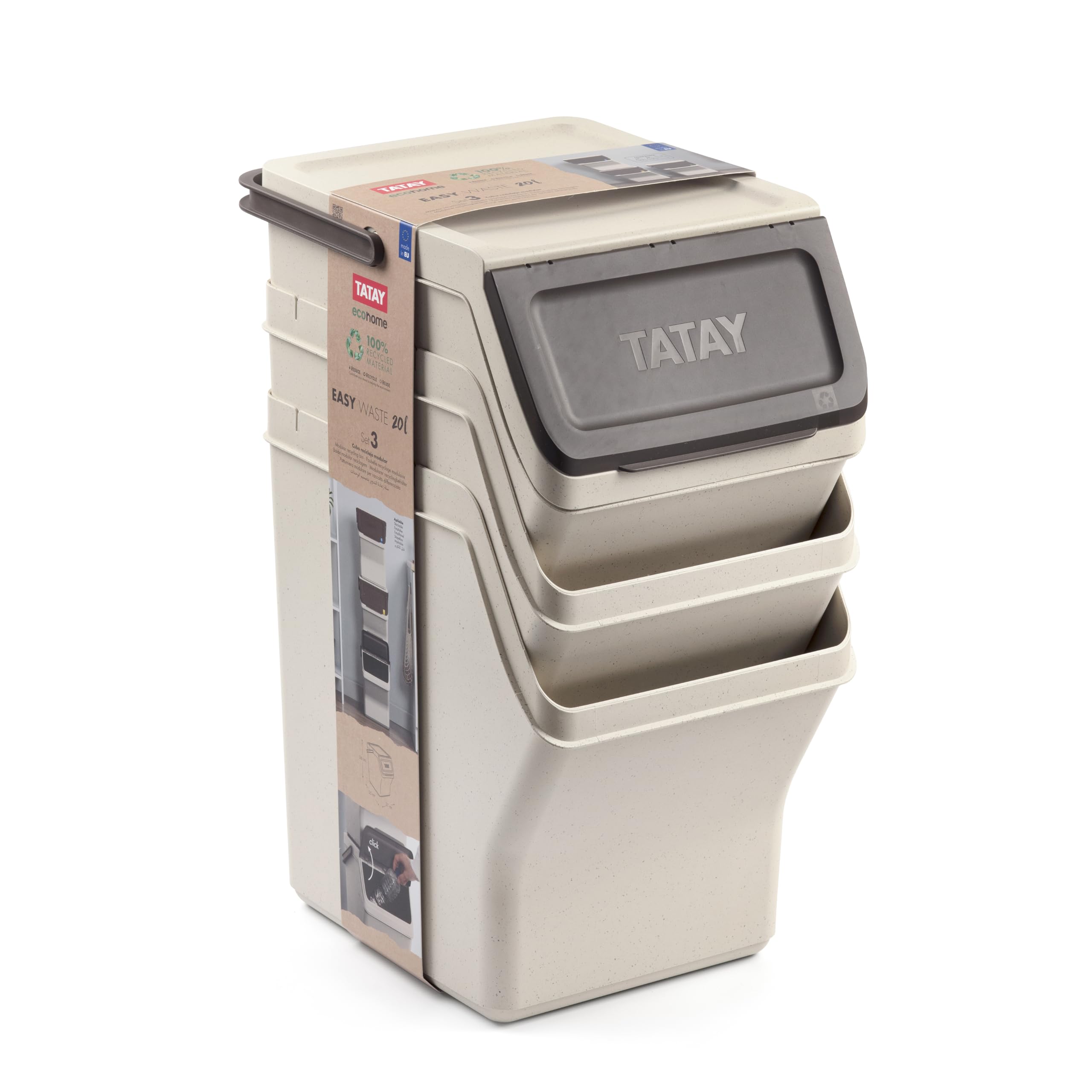 TATAY Mülltrennsystem Easy Waste 3-teiliges Set Integrierter Tragegriff | Mülltrennsystem Haushalt | Volumen 20 L | 35x27x36 cm | Modulares Design | 3er Set Recycling Behälter | Modular und stapelbar