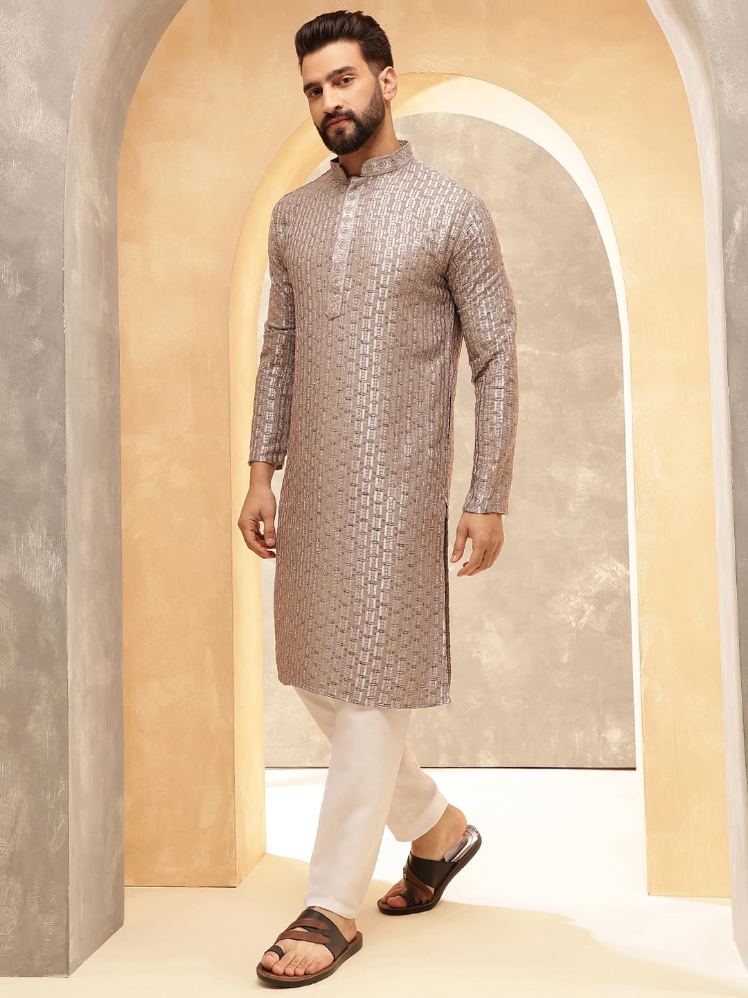 Sojanya (Since 1958 Men's Cotton Rayon Shiny Thread Sequinned Brown Kurta With White Pyjama