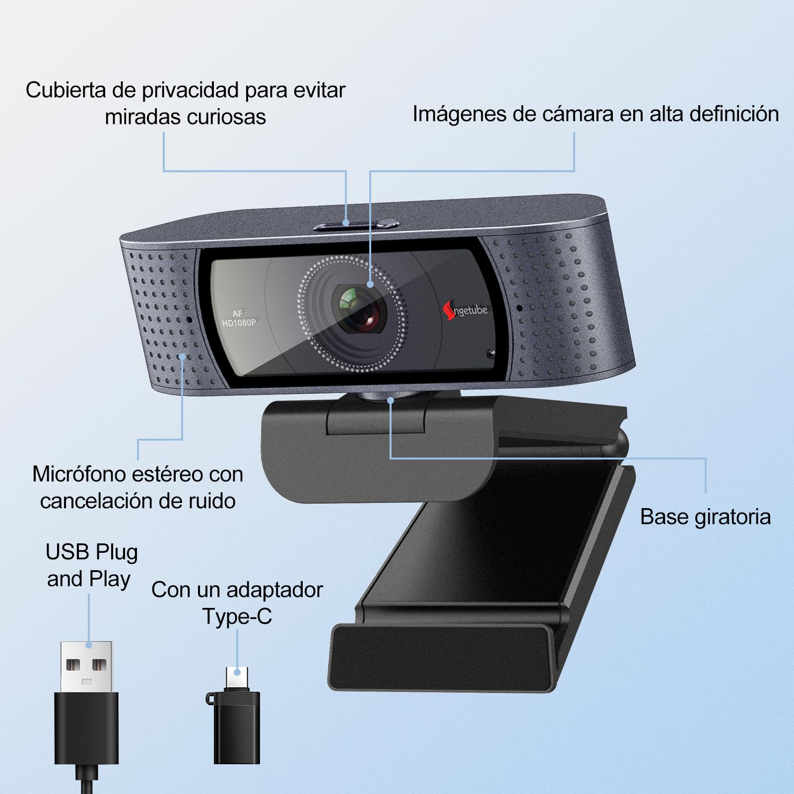 Angetube Webcam para PC - 1080P Full HD Streaming Webcam con Cubierta Protectora incorporada