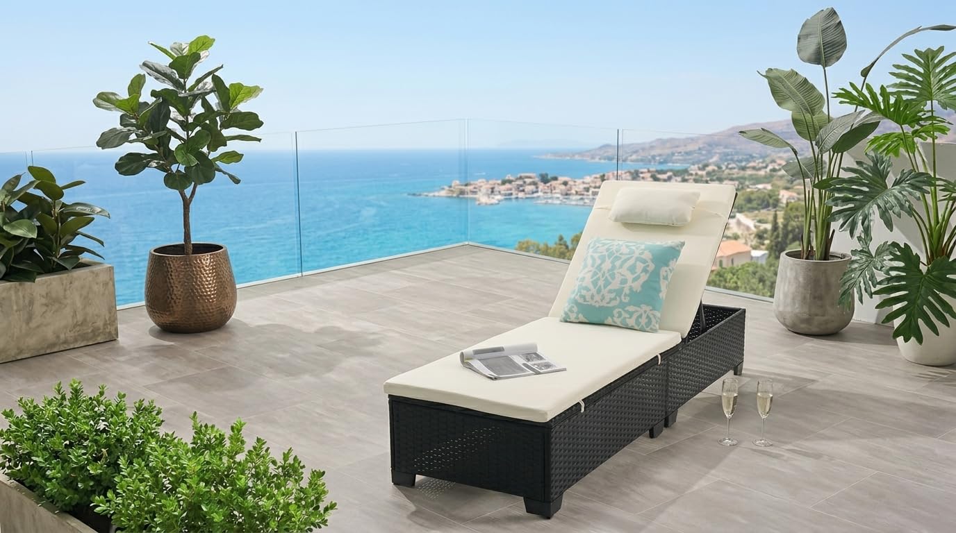 Universal Furniture Patio Chaise Lounge with Cushion Outdoor Lounge Chair Chaise Lounger Patio Reclining Chair 4 Angle Adjustment Black PE Rattan for Courtyards Poolside Garden (Black Beige)-image-11