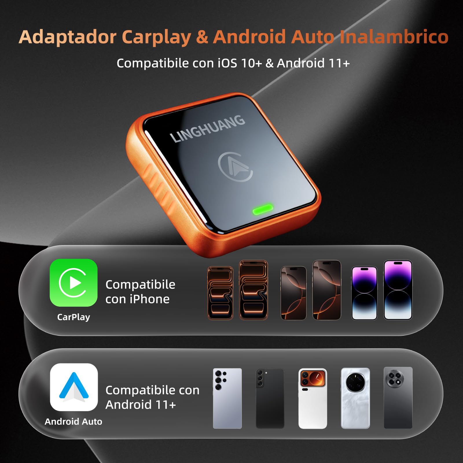 LINGHUANG Adaptador Carplay Inalambrico & Adaptador Android Auto Inalambrico, Convierte de Cableado a Inalámbrico, Plug & Play, Conexión Rápida y Estable, Compatible con iOS 10+ & Android 11+(Naranja)
