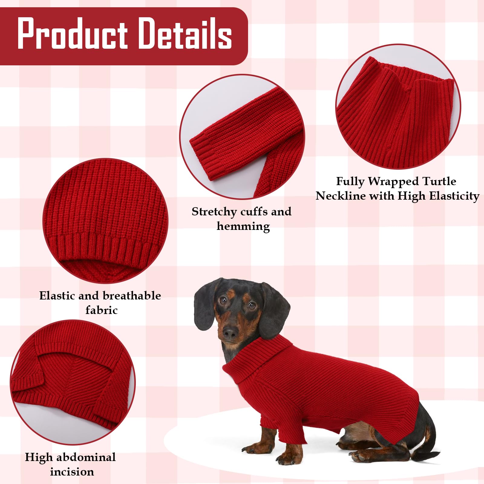Geyecete Dachshund Turtleneck Sweater, Cold Weather Cable Knitwear Pullover, Winter Clothes for Small and Medium Dogs - Red - L - Image 2