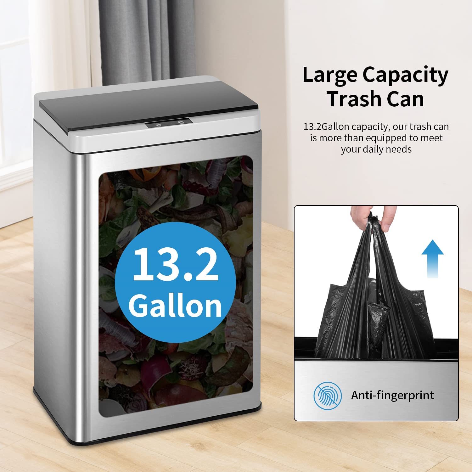 13 Gallon Trash Can, Automatic Kitchen Trash Can with Motion Sensor, Touchless Garbage Can Stainless Steel Trash Cans with Lid, Mute Designed Anti-Fingerprint Garbage Cans for Kitchen