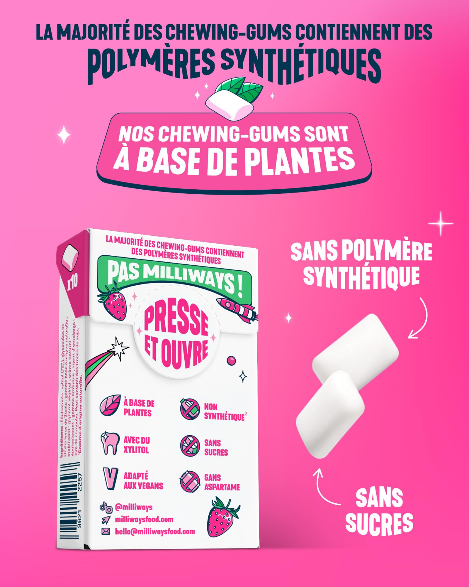 MILLIWAYS Chewing gum sans sucres à la fraise 12 boîtes de 10 dragées 20g Xylitol sans aspartame