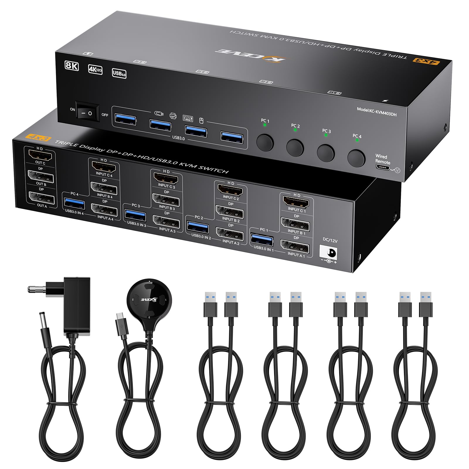 Przełącznik KVM 3 monitory 4 PC, Displayport HDMI USB 3.0 Przełącznik KVM do dwóch monitorów, obsługuje 4K przy 60 Hz, dla 3 komputerów z 2 monitorami DP, klawiaturą i myszką