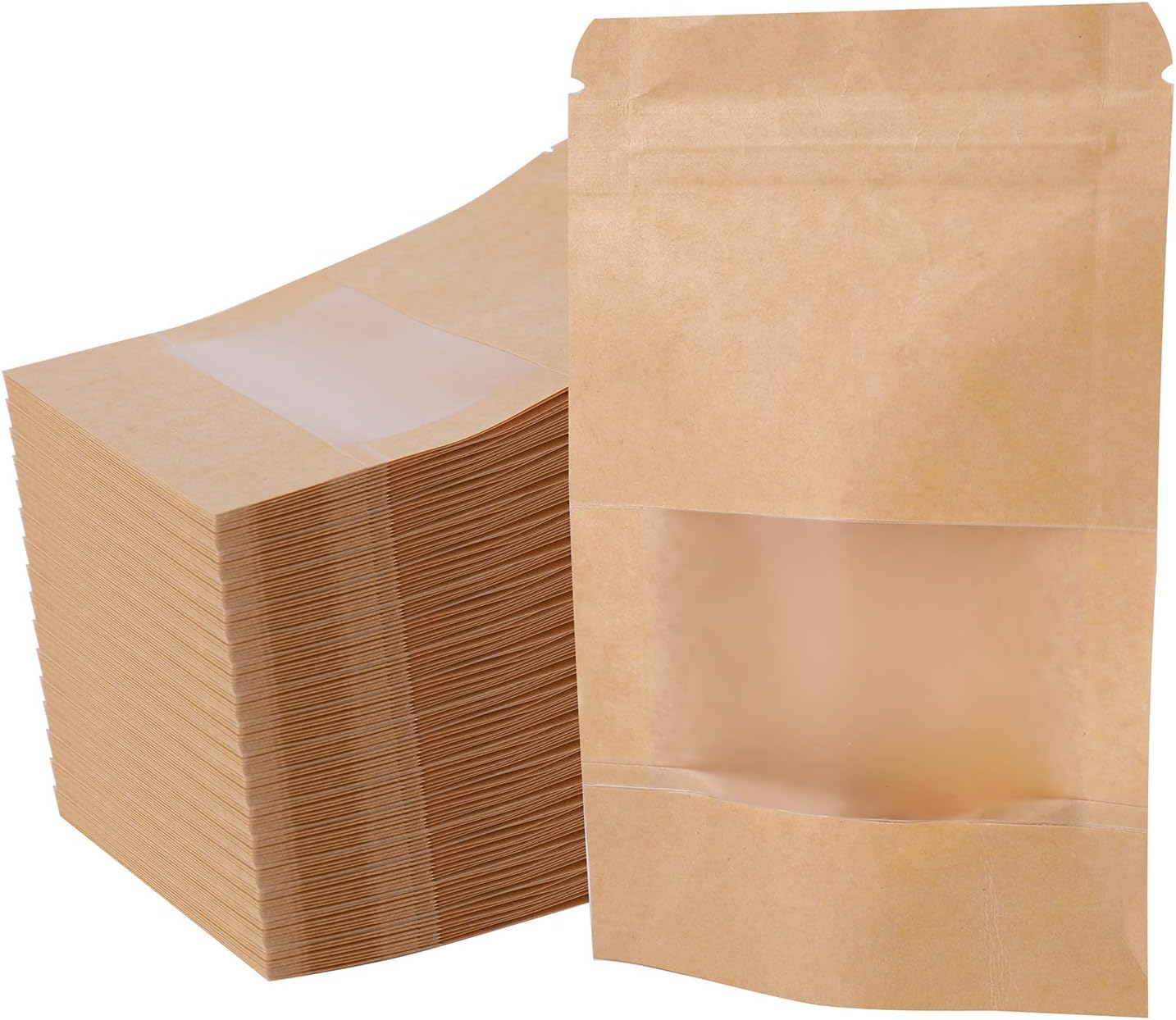 Kingrol 300 Pack 3.5 x 5.5 Inch Mini Kraft Paper Bags with Resealable Lock Seal Zipper &Transparent Window, Stand Up Food Bags