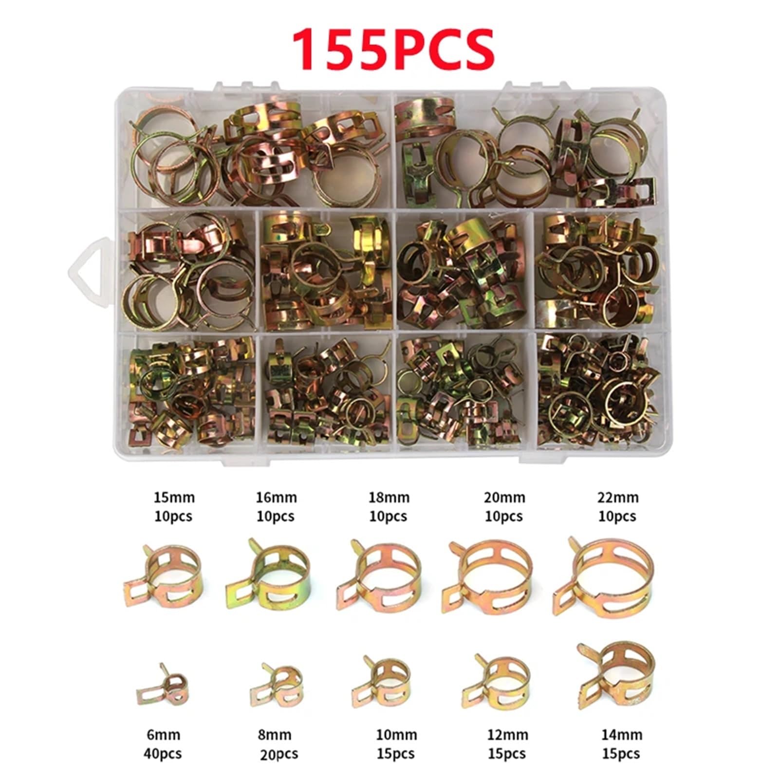 Abrazaderas de manguera con resorte - Sujetadores for tuberías de combustible, agua y gas de 6-22 mm - Clips metálicos duraderos for conexiones seguras(155PCS)